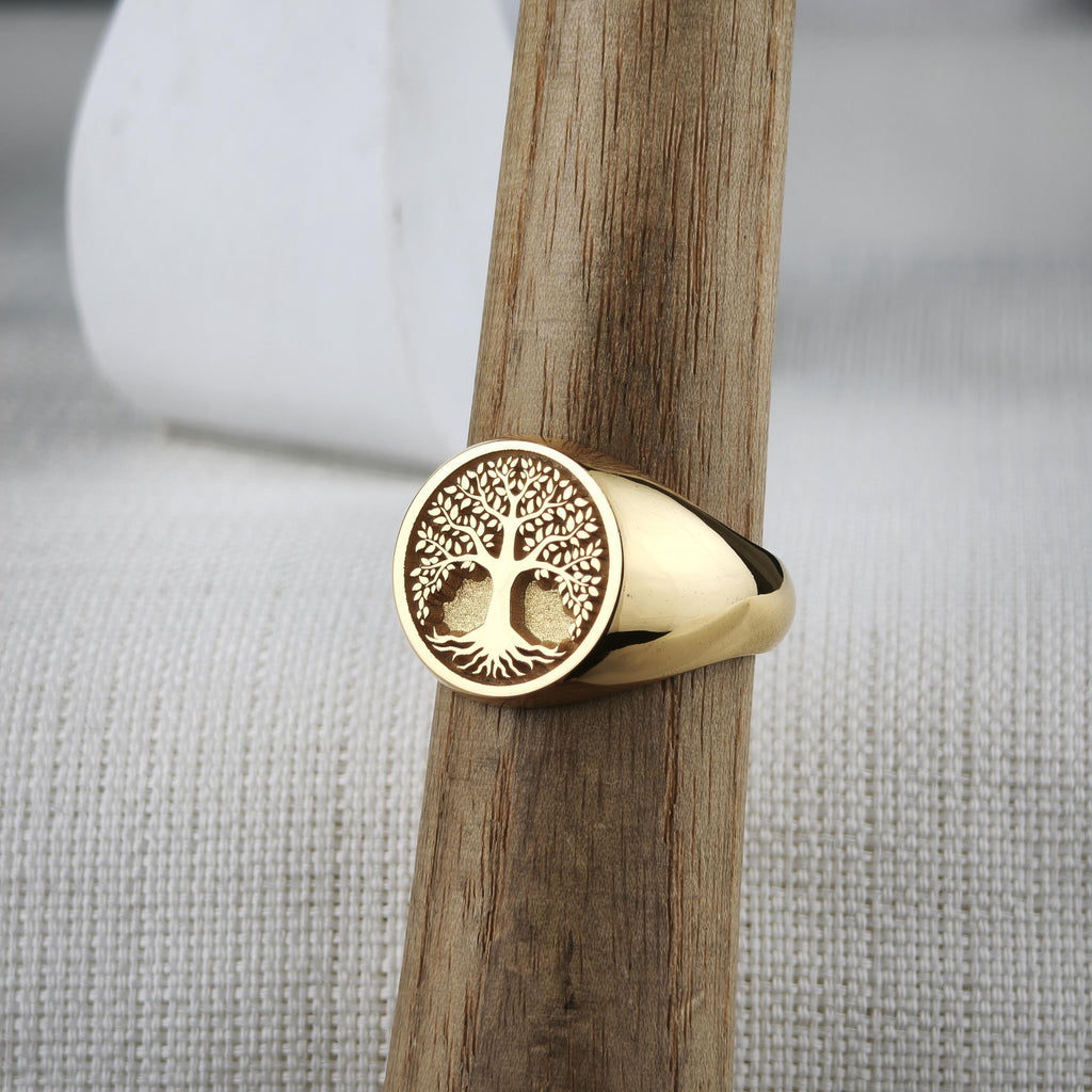 Tree of Life Signet Ring, Sterling Silver or Solid Gold, Engraved Nature Symbol