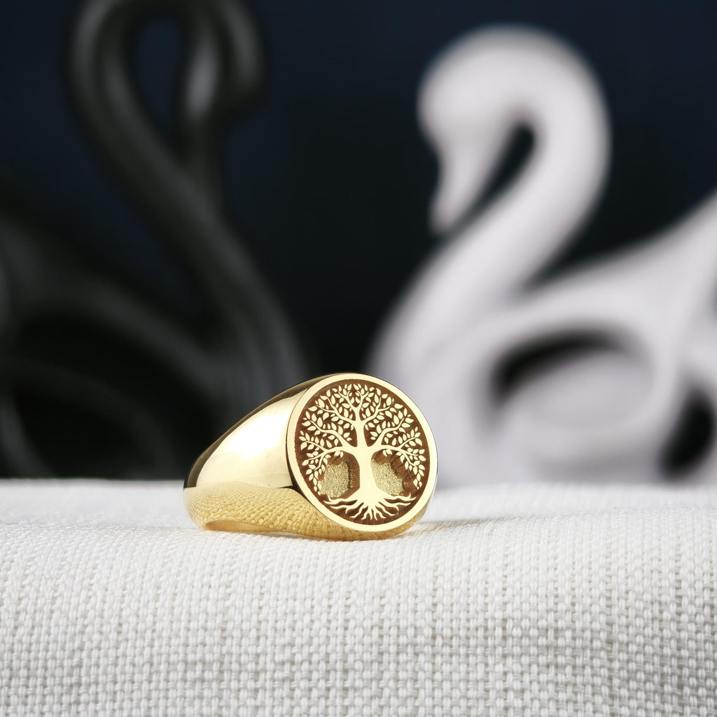 Tree of Life Signet Ring, Sterling Silver or Solid Gold, Engraved Nature Symbol