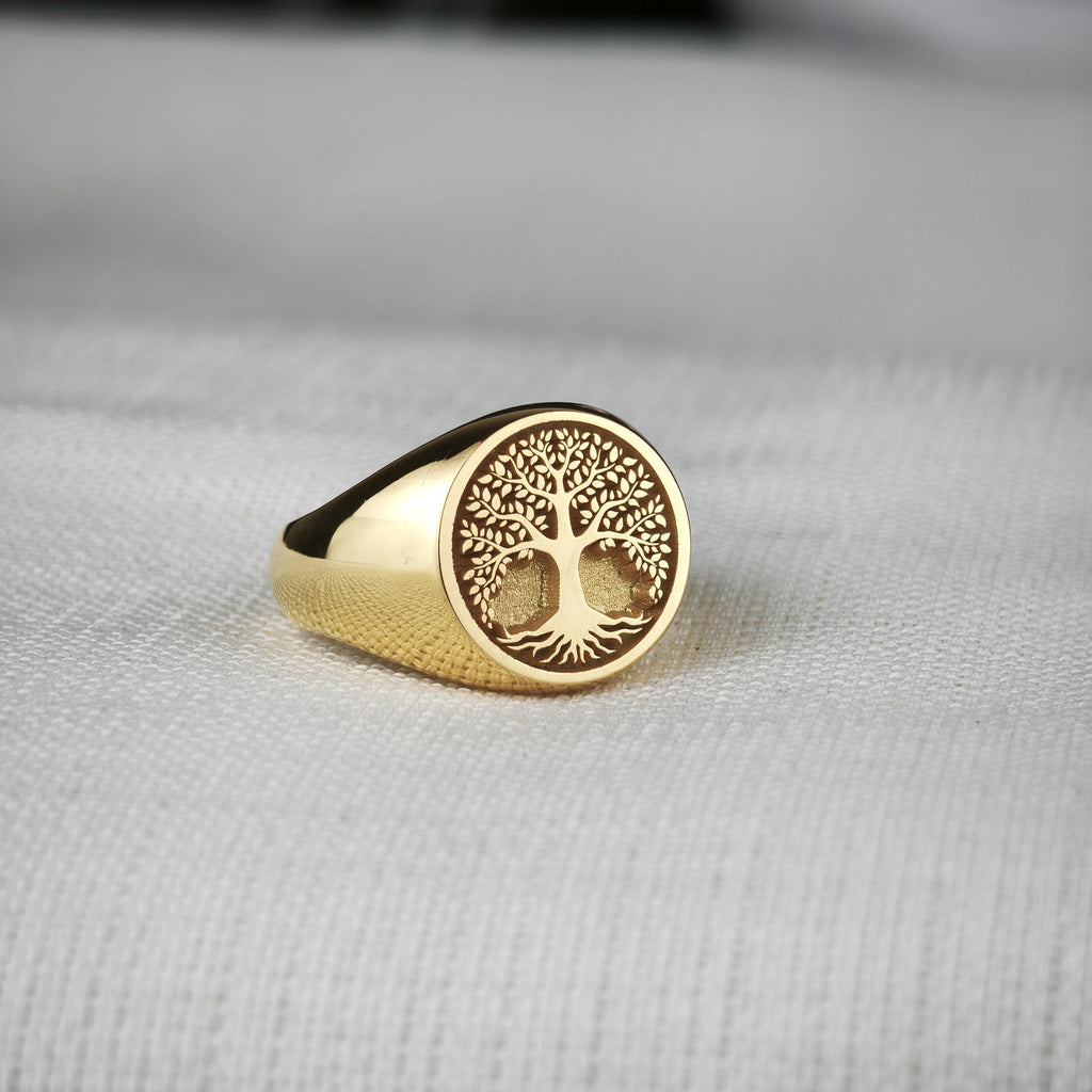 Tree of Life Signet Ring, Sterling Silver or Solid Gold, Engraved Nature Symbol