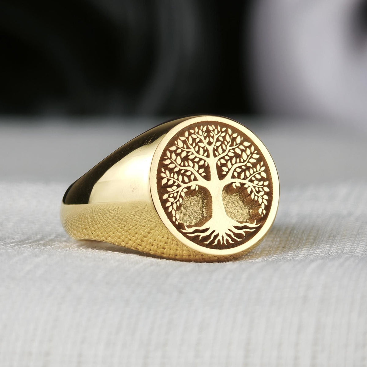 Tree of Life Signet Ring, Sterling Silver or Solid Gold, Engraved Nature Symbol