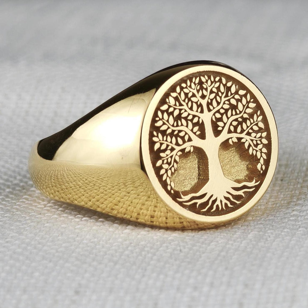 Tree of Life Signet Ring, Sterling Silver or Solid Gold, Engraved Nature Symbol