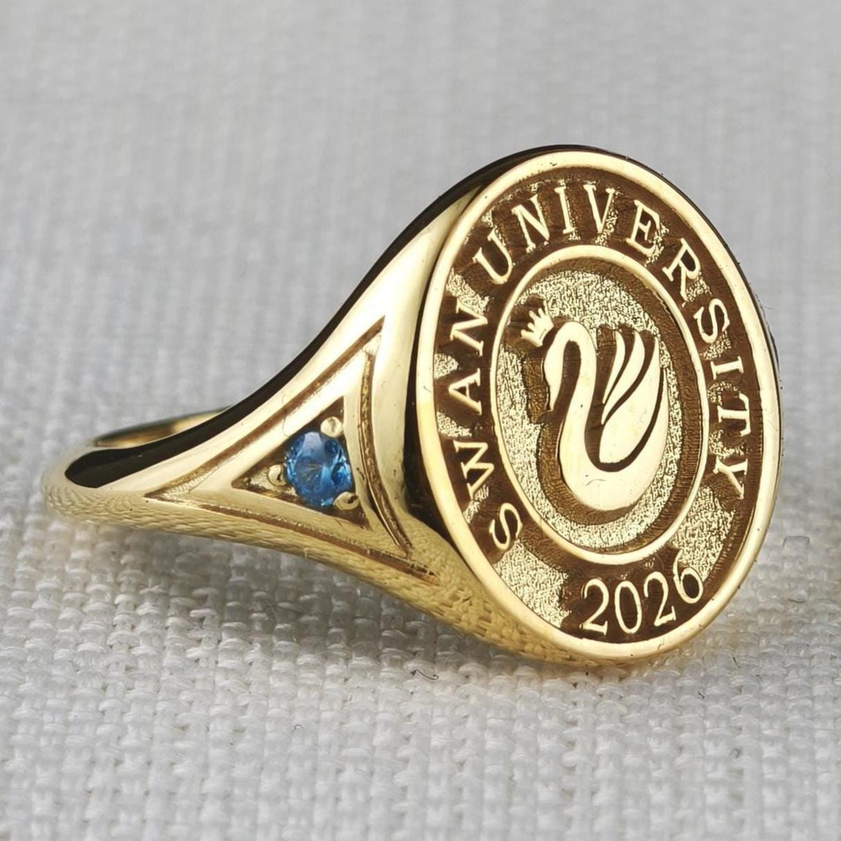 Custom University Signet Ring, Gold Plated Graduation Ring with Blue Accents