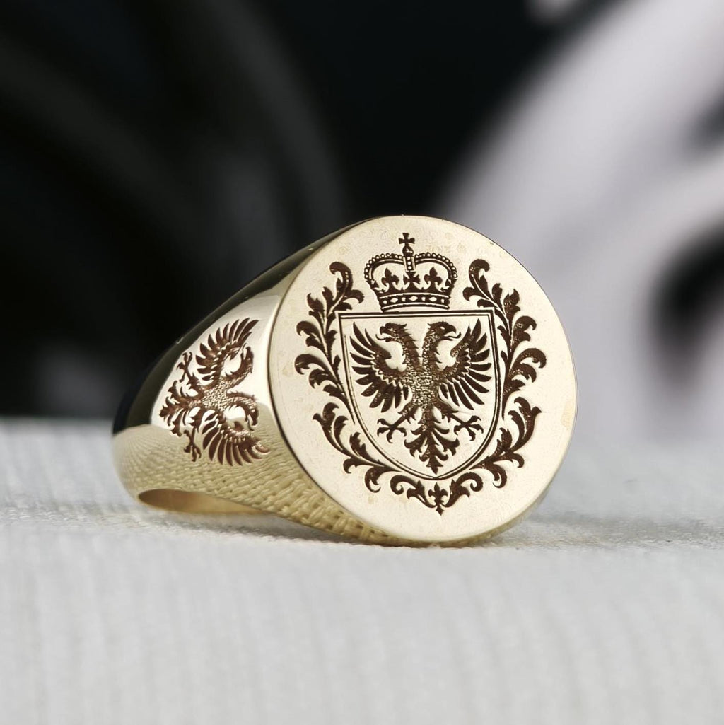 Custom Family Crest Ring, Engraved Signet in Sterling Silver or Gold