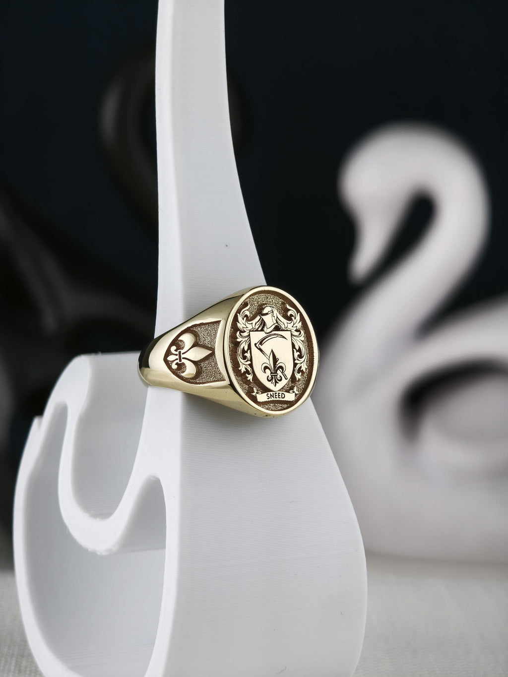 Oval Family Crest Signet Ring, Custom Coat of Arms with Fleur de Lis