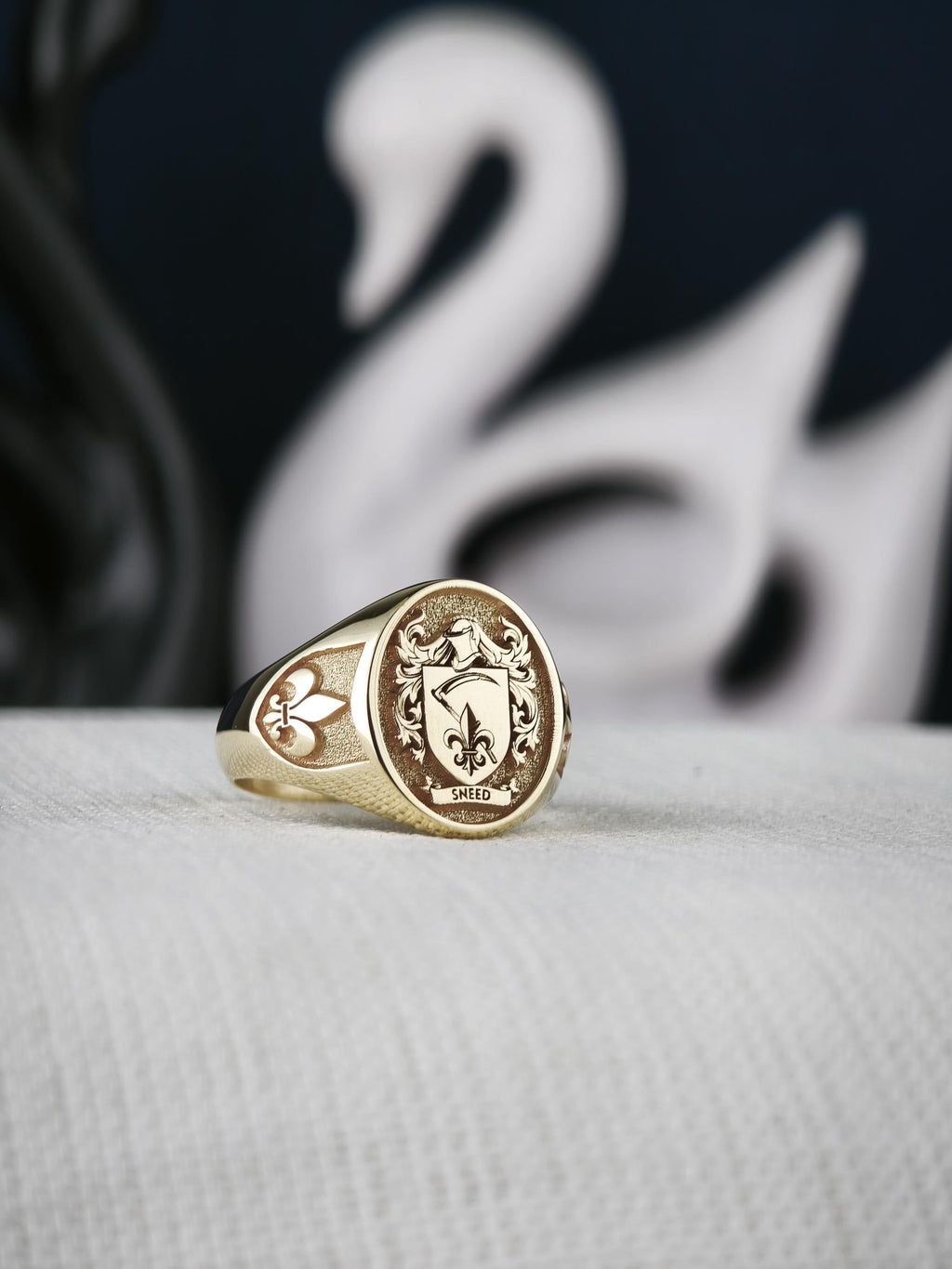 Oval Family Crest Signet Ring, Custom Coat of Arms with Fleur de Lis