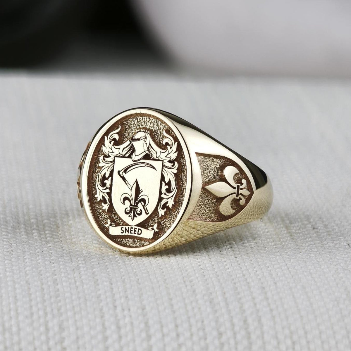 Oval Family Crest Signet Ring, Custom Coat of Arms with Fleur de Lis