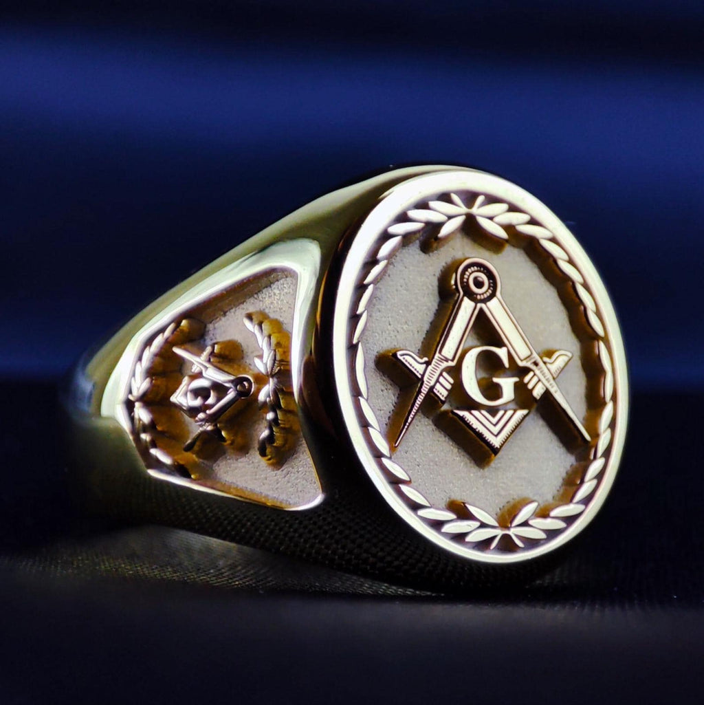 Gold Plated Masonic Signet Ring, Freemason Square and Compass Ring for Men