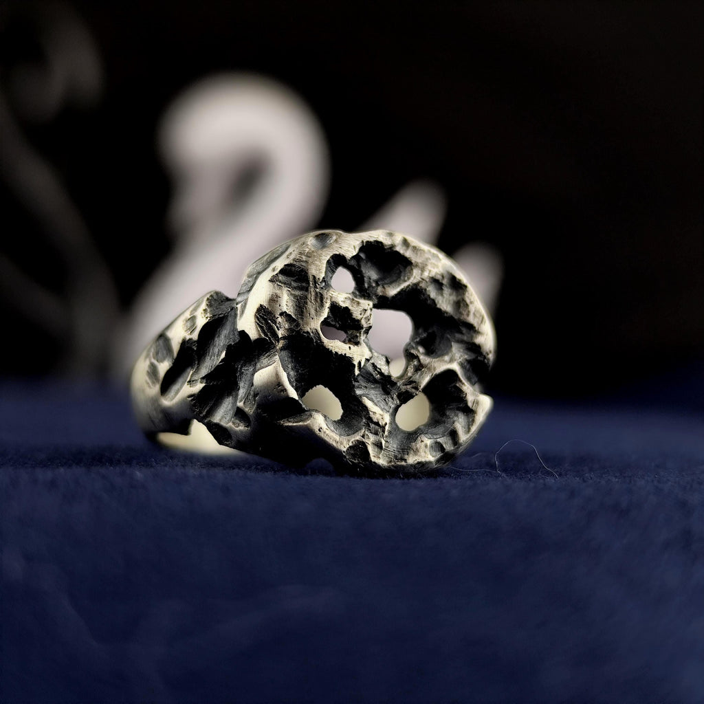 Oxidized Silver Ring, Molten Rock Crater Band, Brutalist Unisex Jewelry
