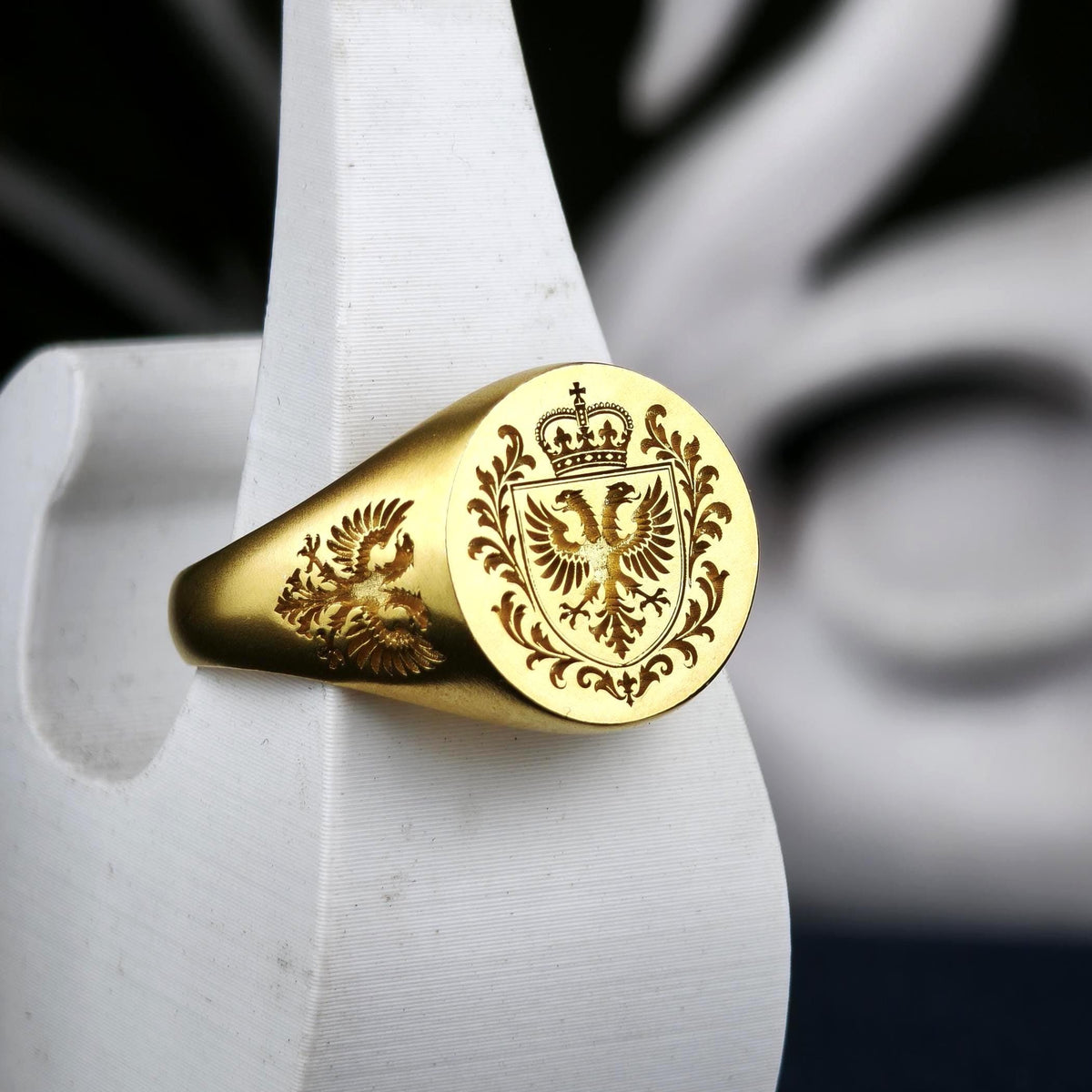 Family Crest Signet Ring, Custom Coat of Arms Engraving in Gold Vermeil