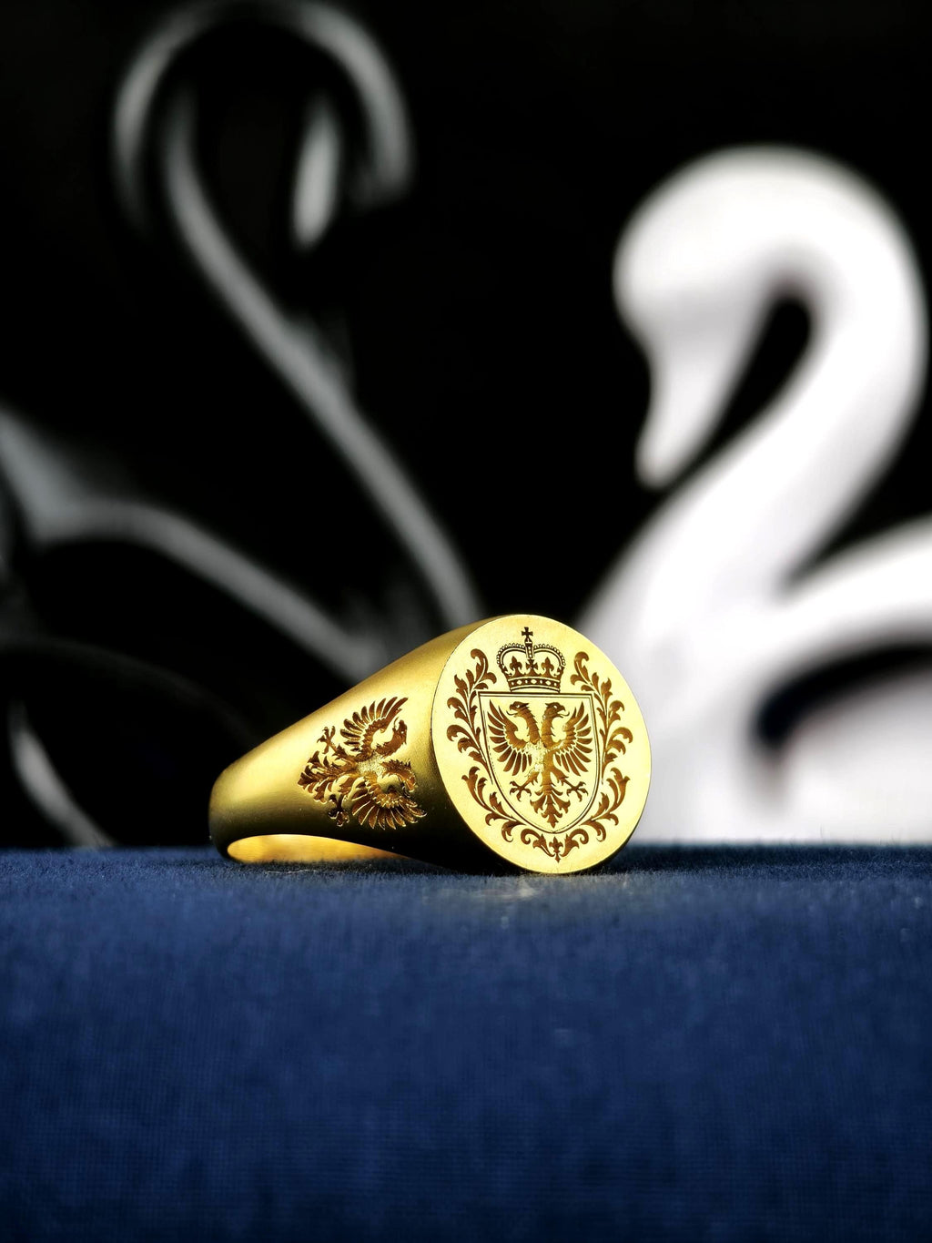 Family Crest Signet Ring, Custom Coat of Arms Engraving in Gold Vermeil
