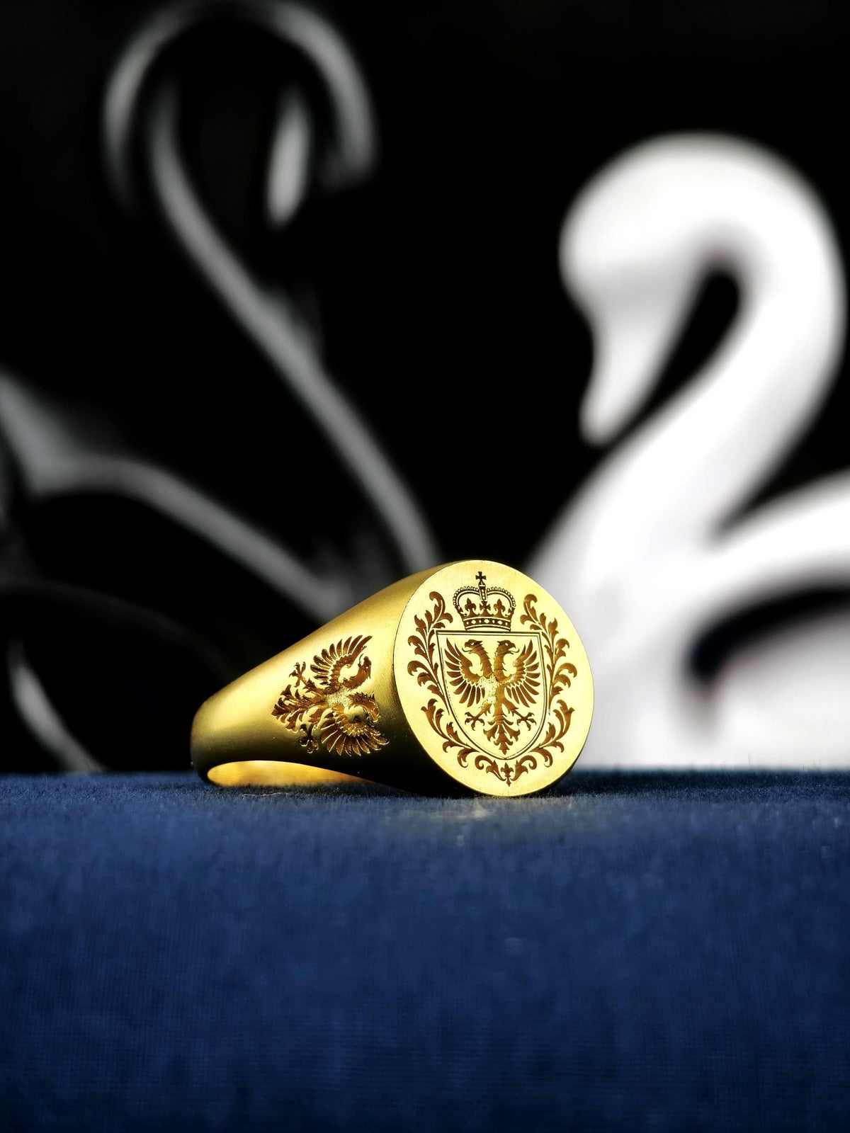 Family Crest Signet Ring, Custom Coat of Arms Engraving in Gold Vermeil