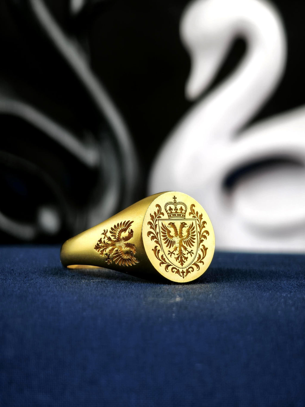 Family Crest Signet Ring, Custom Coat of Arms Engraving in Gold Vermeil