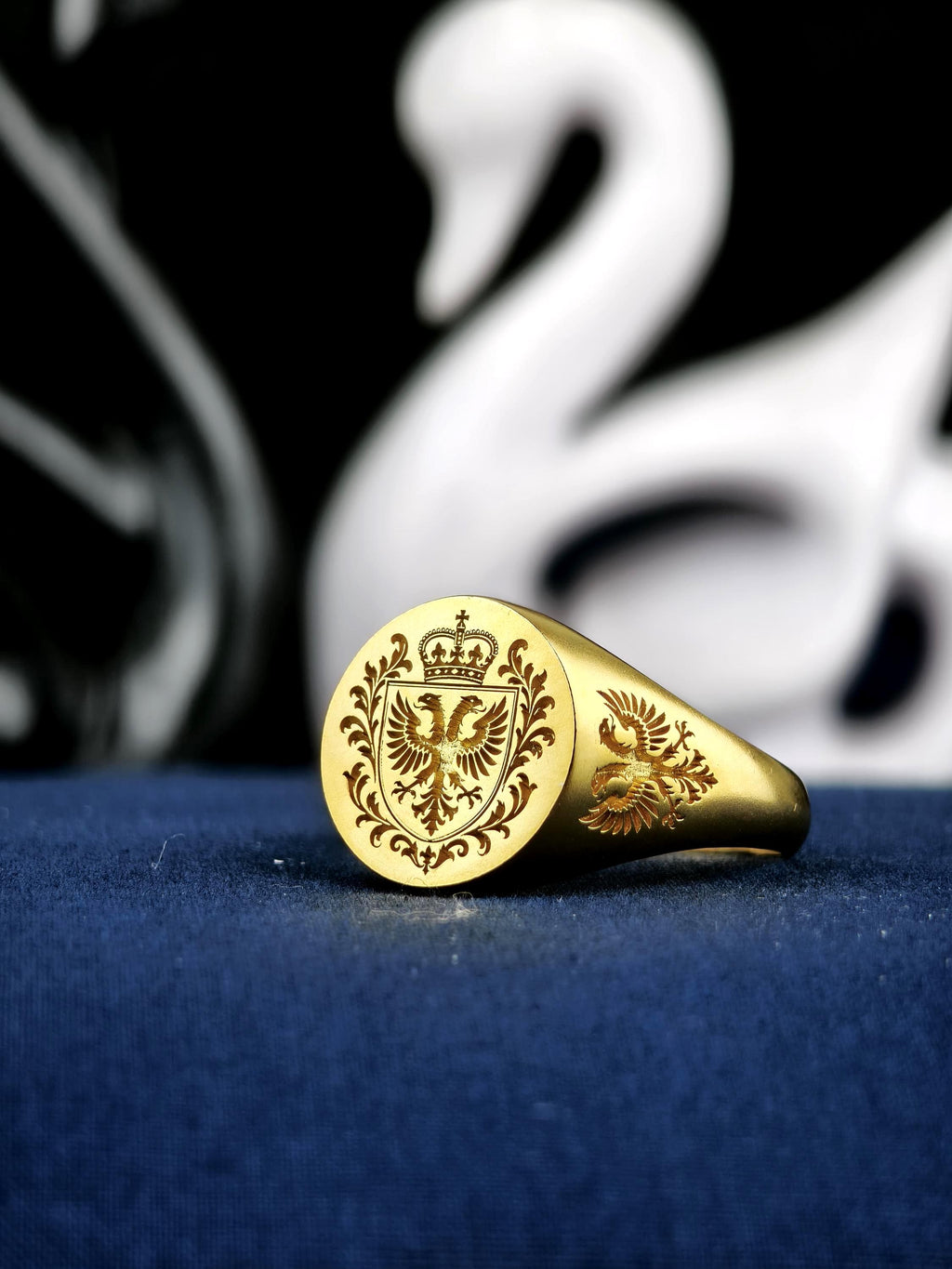 Family Crest Signet Ring, Custom Coat of Arms Engraving in Gold Vermeil