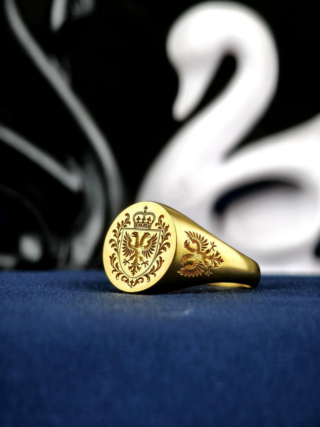 Family Crest Signet Ring, Custom Coat of Arms Engraving in Gold Vermeil