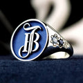 Blue Monogram Signet Ring, Round Initials with Stone Set Shoulders, Sterling Silver or Gold