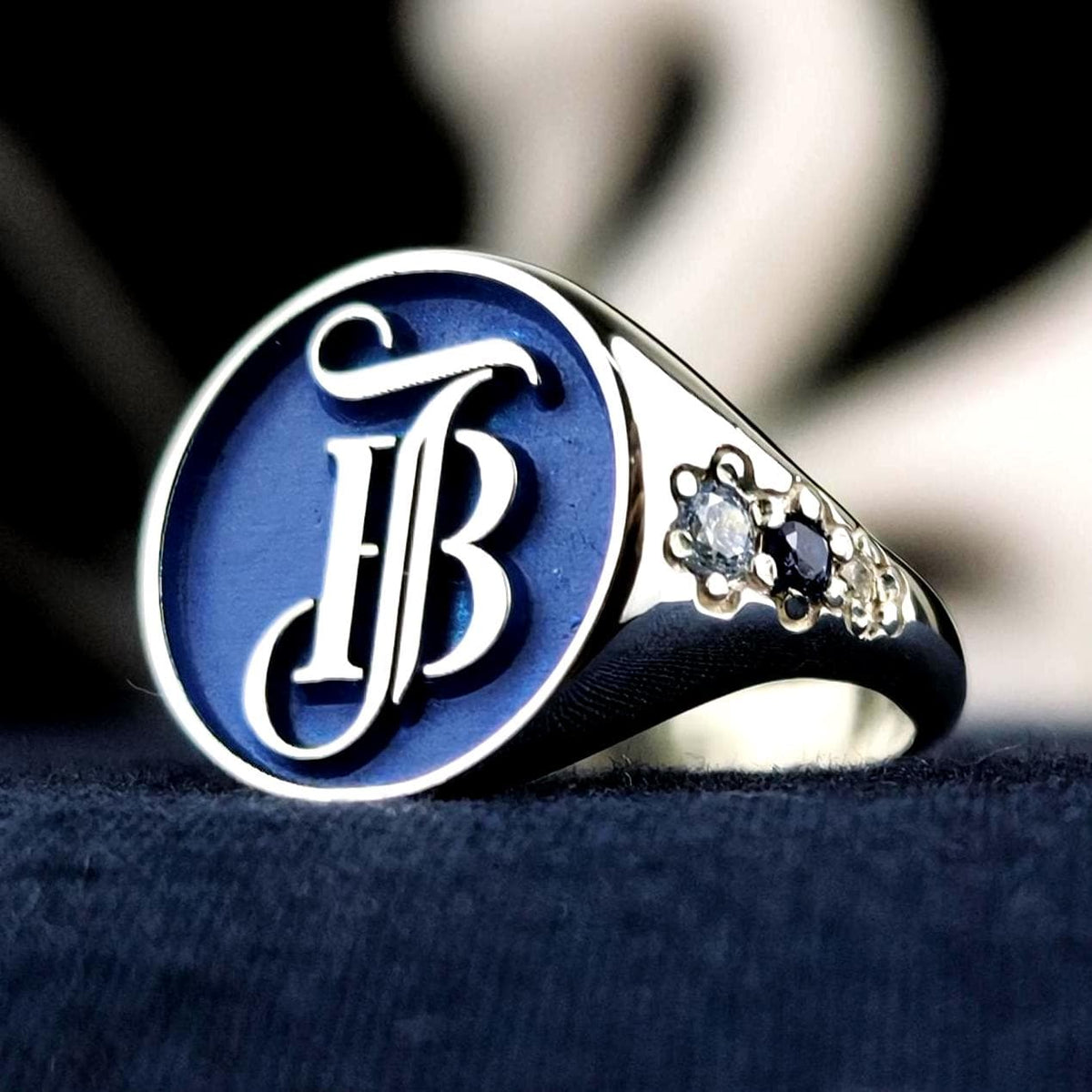 Blue Monogram Signet Ring, Round Initials with Stone Set Shoulders, Sterling Silver or Gold