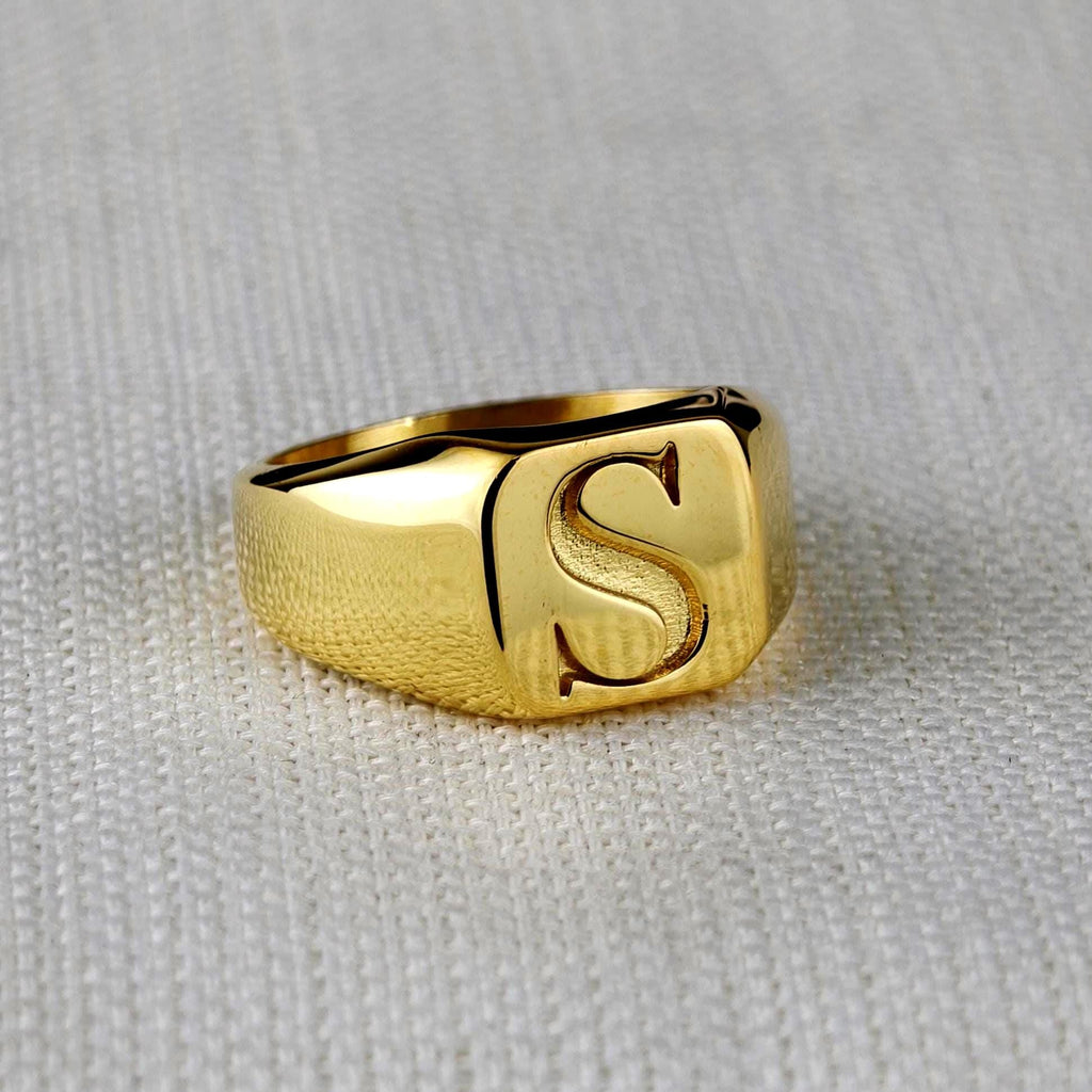 Square Initial Signet Ring, Personalized Single Letter in Sterling Silver or Gold