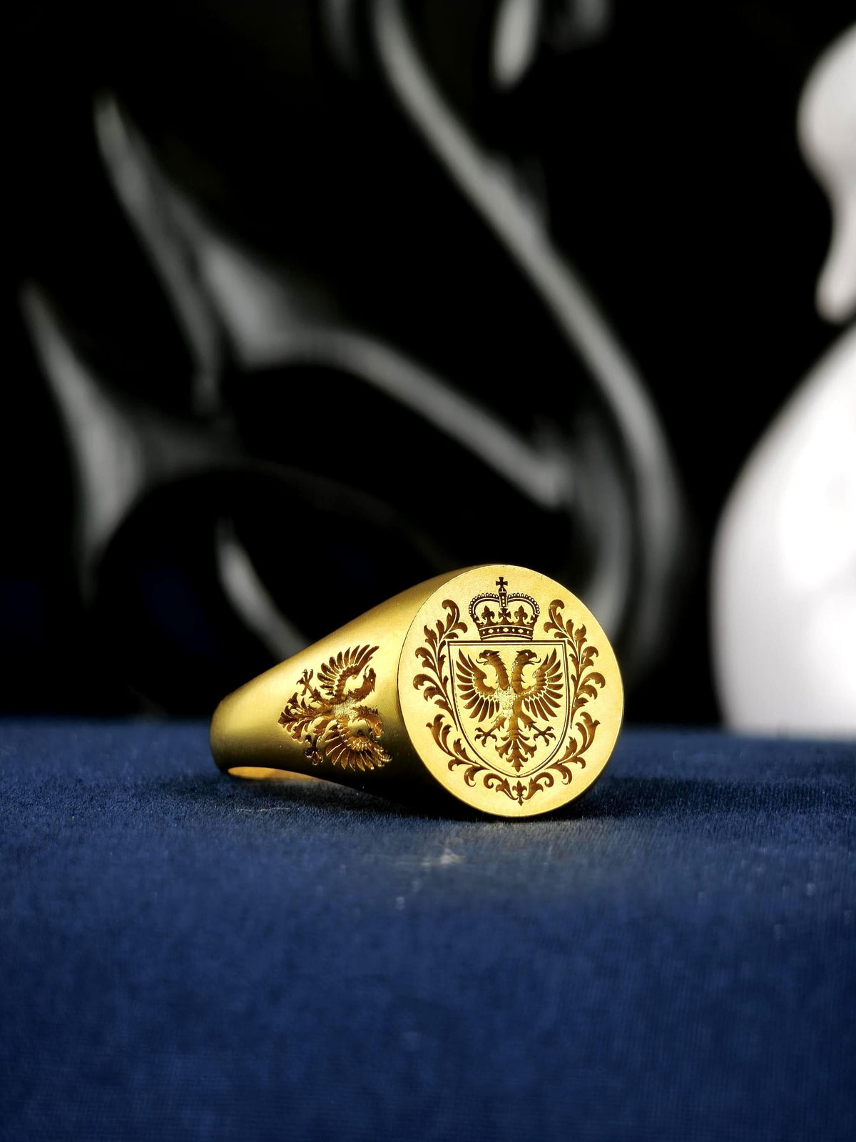 Family Crest Signet Ring, Custom Coat of Arms Engraving in Gold Vermeil