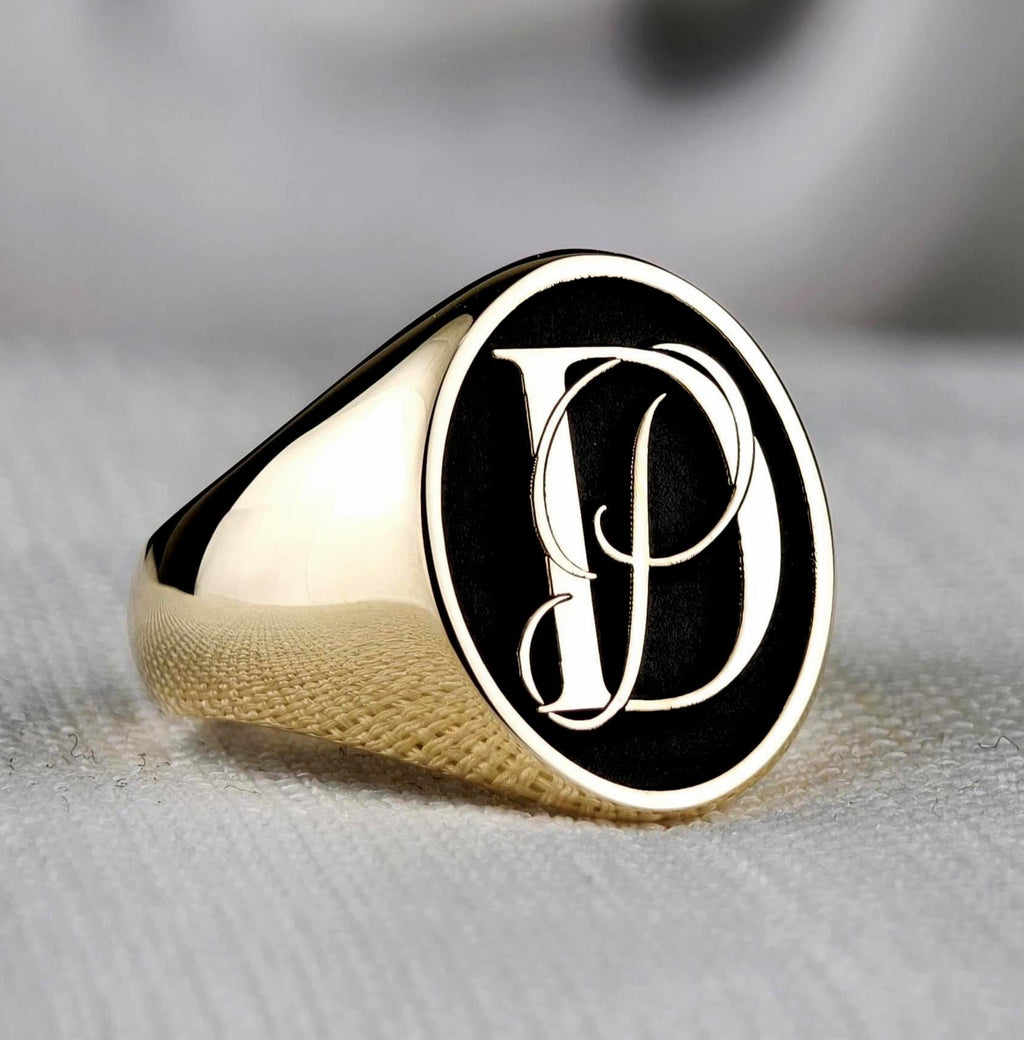 18K Gold Initial Signet Ring, Black Face Custom Monogram
